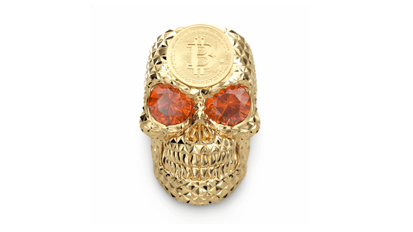 Crypto King Gold Bitcoin Skull Ring Orange Garnet 9ct | Solid Gold BTC Mens Ring-Ring-AJT Jewellery