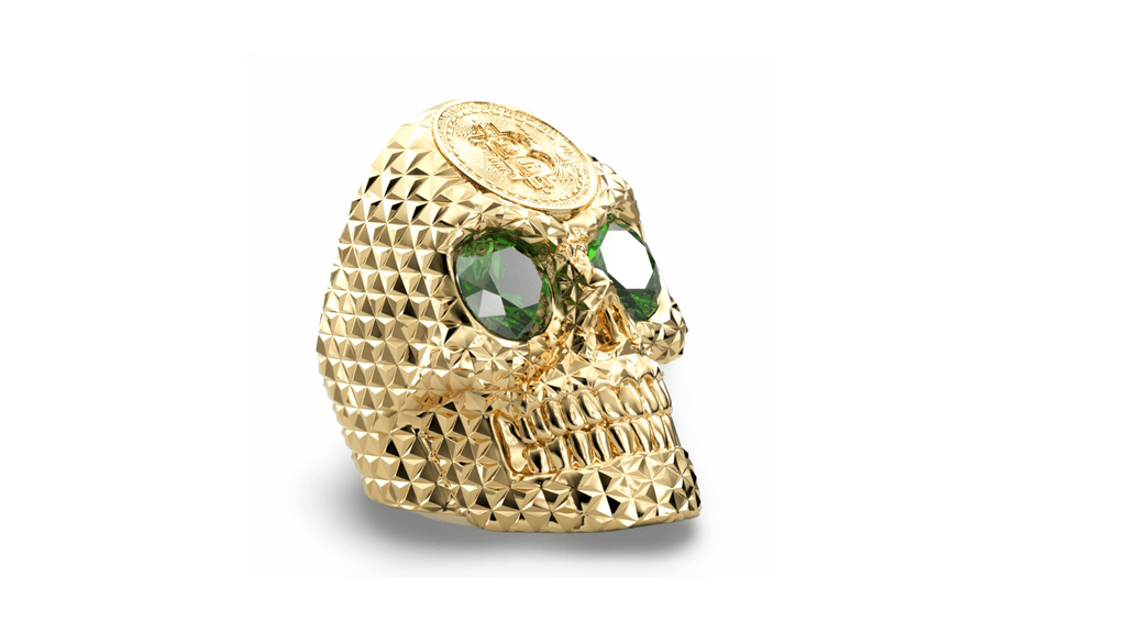 CRYPTO KING GOLD BITCOIN SKULL RING GREEN GEMS 9CT-Ring-AJT Jewellery 
