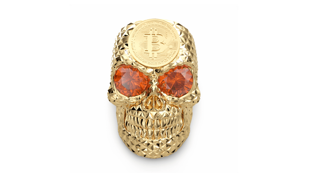 CRYPTO KING GOLD BITCOIN SKULL RING ORANGE GARET 9CT-Ring-AJT Jewellery 