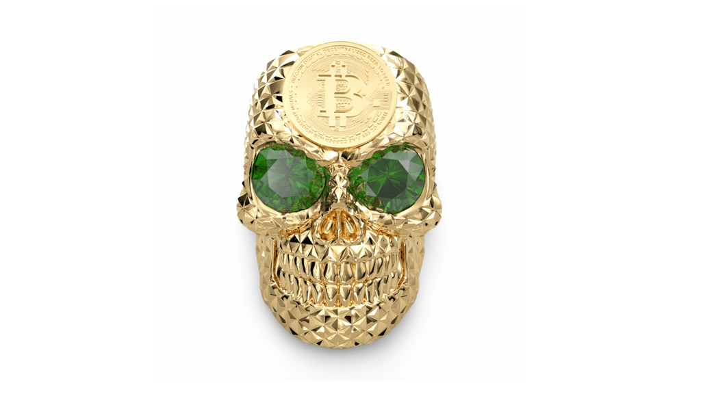 CRYPTO KING GOLD BITCOIN SKULL RING GREEN GEMS 9CT-Ring-AJT Jewellery 