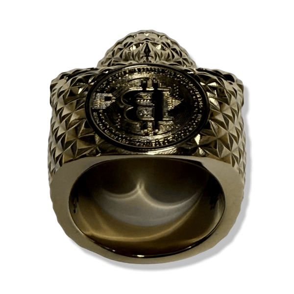 Crypto King Gold Bitcoin Skull Ring Green Gems 9ct | Solid Gold BTC Mens Ring-Ring-AJT Jewellery 