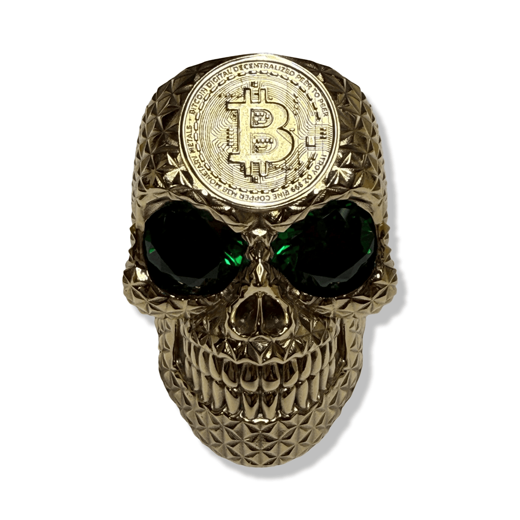 Crypto King Gold Bitcoin Skull Ring Green Gems 9ct | Solid Gold BTC Mens Ring-Ring-AJT Jewellery 