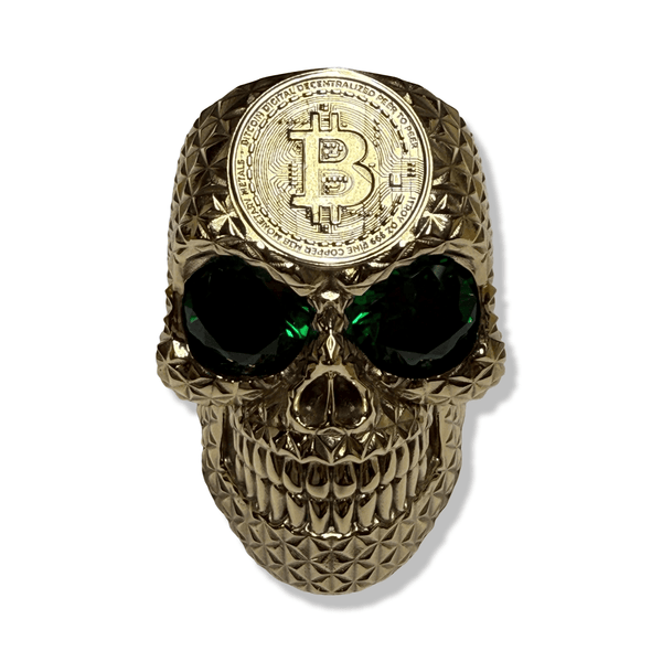 Crypto King Gold Bitcoin Skull Ring Green Gems 9ct | Solid Gold BTC Mens Ring-Ring-AJT Jewellery 