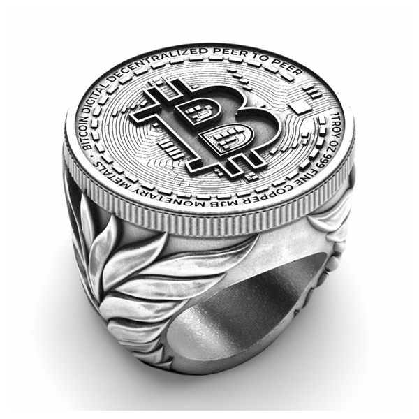 Roman Wreath Bitcoin Signet Ring | Sterling Silver Mens Crypto King BTC Ring-Ring-AJT Jewellery 