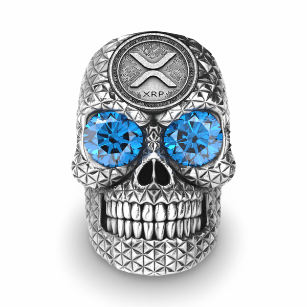 XRP Skull Ring with Blue Gemstones | Sterling Silver Ripple Crypto Mens Ring-Ring-AJT Jewellery 
