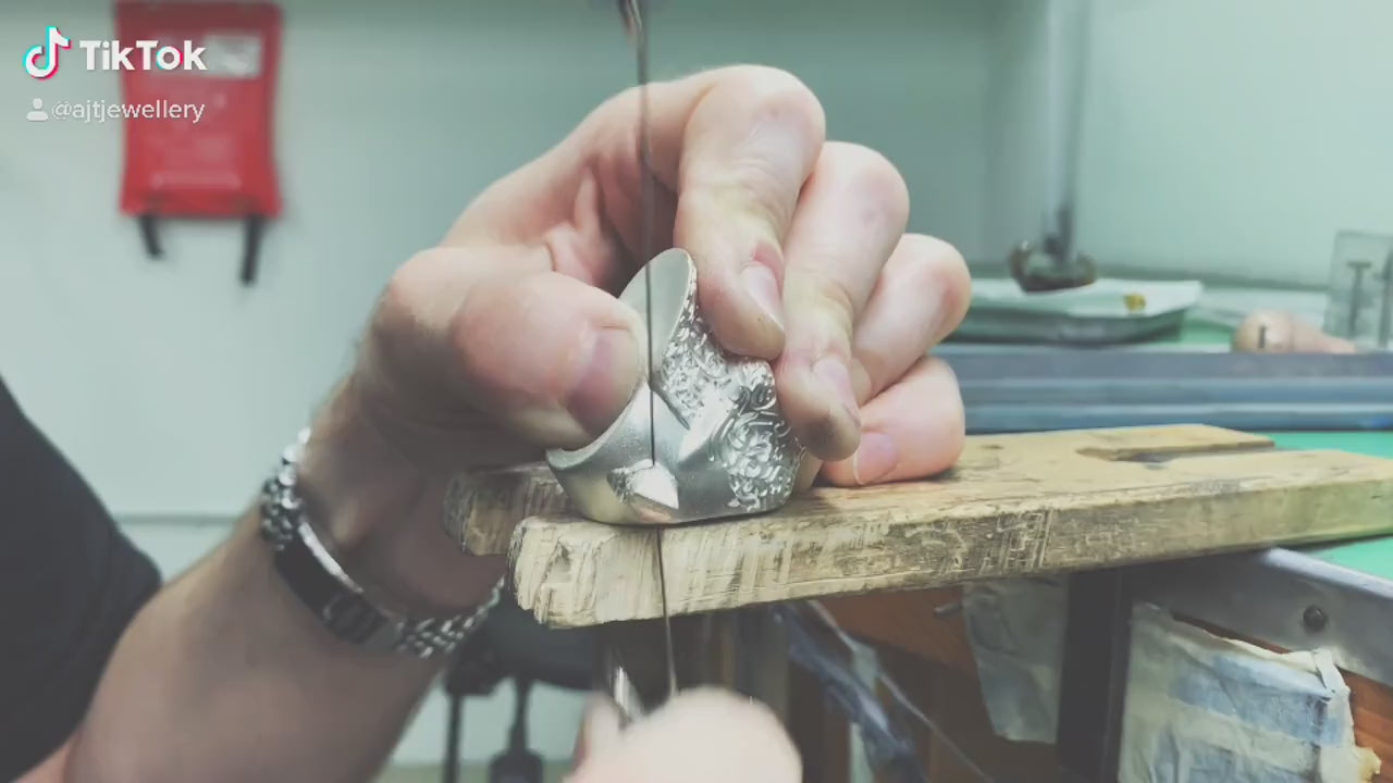 AJT skull ring cut at the bench, finished and polished by hand