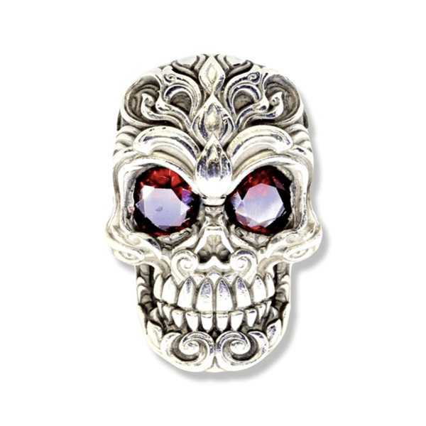 Classic Filigree Ruby Red Silver Skull Ring-Ring-AJT Jewellery 