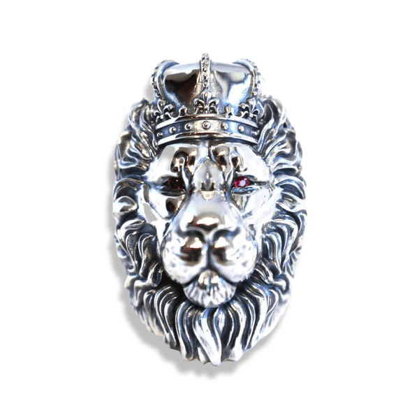 Lion King Mufasa Silver Ring | Sterling Silver Mens Lion Ring with Ruby Eyes-Ring-AJT Jewellery 