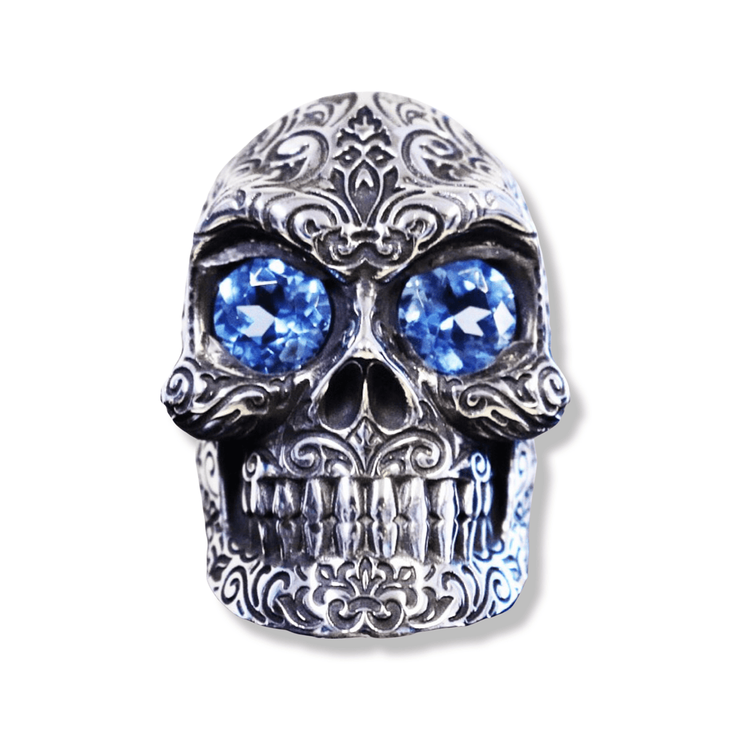 Regal Skull Ring with Blue Gemstones