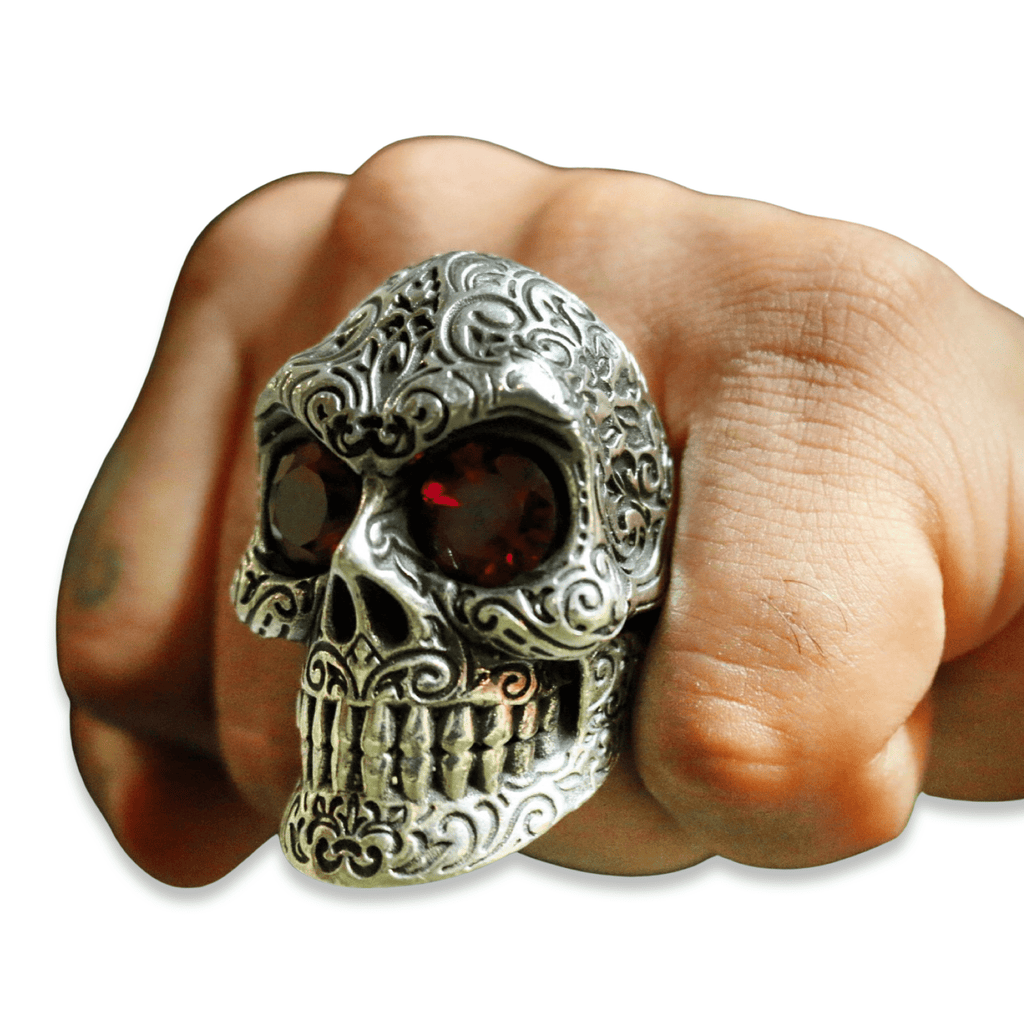 Silver Regal Sugar Skull Ring Ruby Eyes