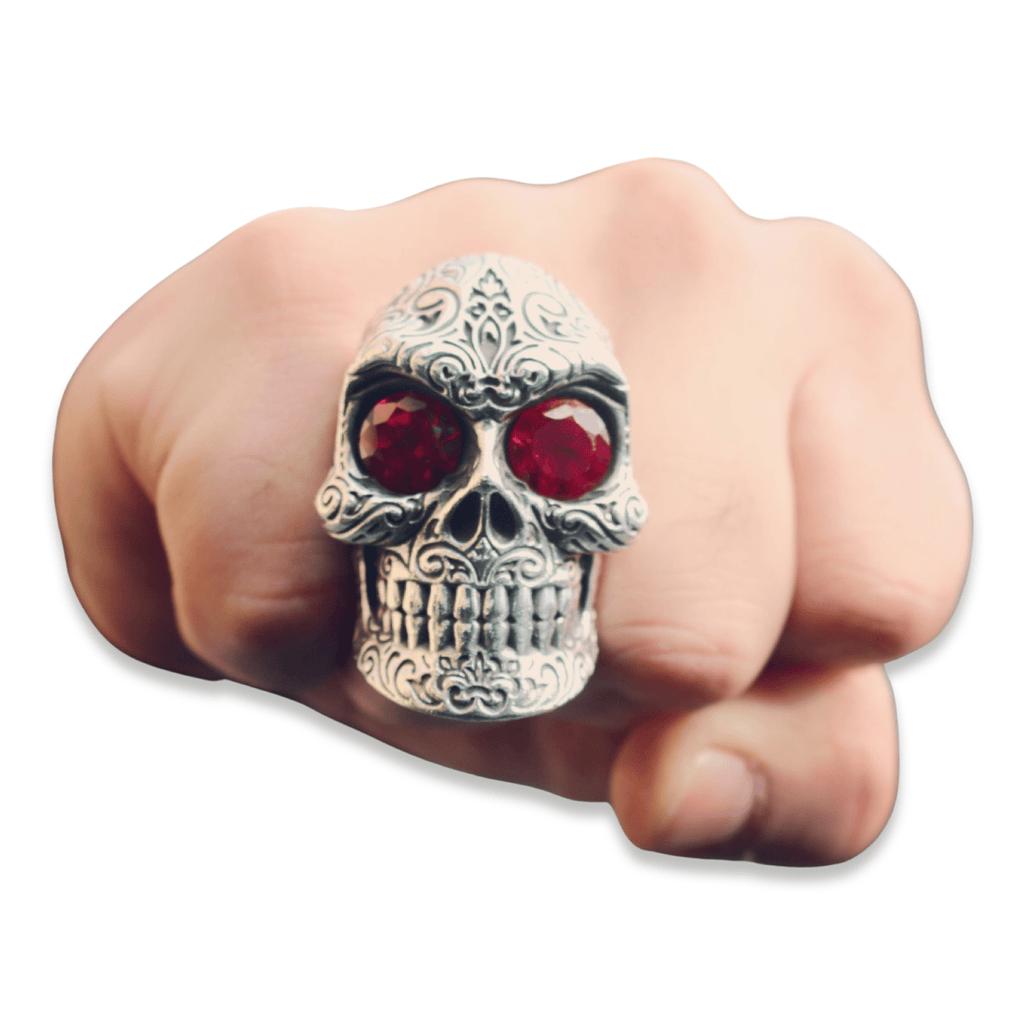 Silver Regal Sugar Skull Ring Ruby Eyes-Ring-AJT Jewellery 